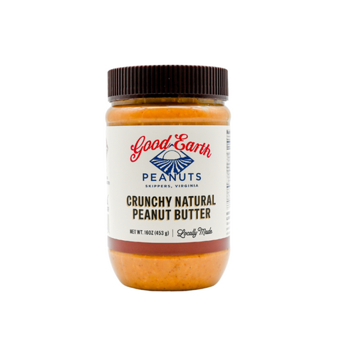 A jar of Good Earth Peanuts Crunchy Natural Peanut Butter on a solid white background.