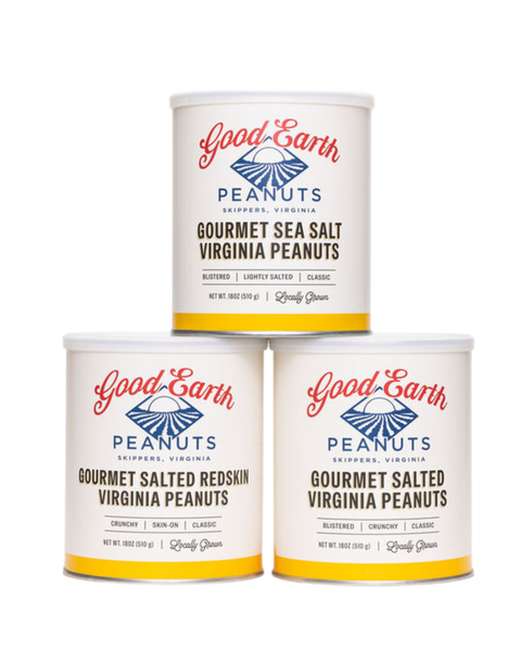 A photo of three 18oz. good earth peanut tins stacked in a pyramid