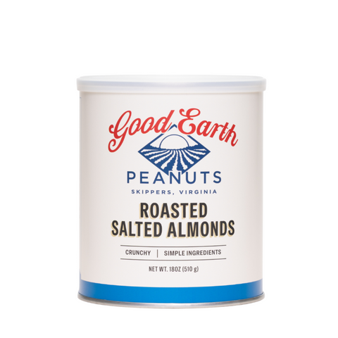 A can of Good Earth Roasted Salted Almonds Peanuts on a solid white background.