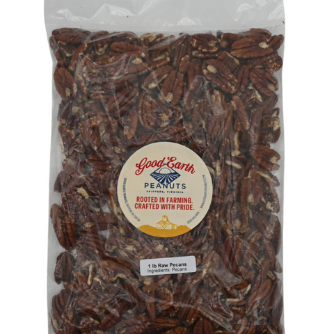 A clear plastic bag filled with roasted pecans, featuring a round beige label that reads 'Good Earth Peanuts' on a white background.