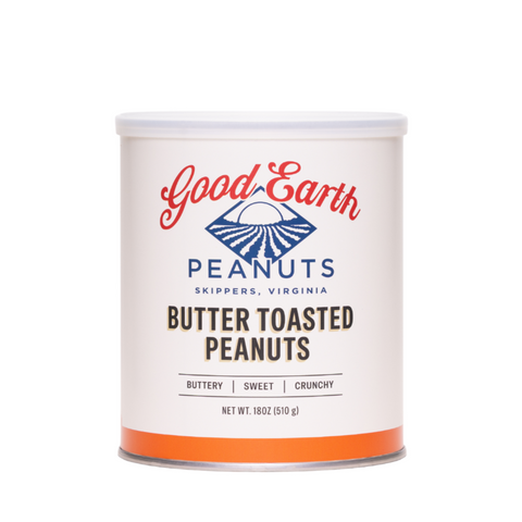 An 18oz. tin of Good Earth Peanuts Butter Toasted Peanuts set on a white background.