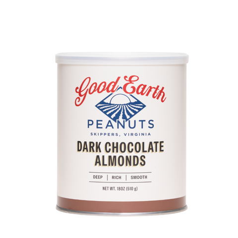 A canister of Good Earth Peanuts Dark Chocolate Almonds, featuring a white label with red and blue branding and a brown base representing the chocolate almond mix, set against a plain white background.