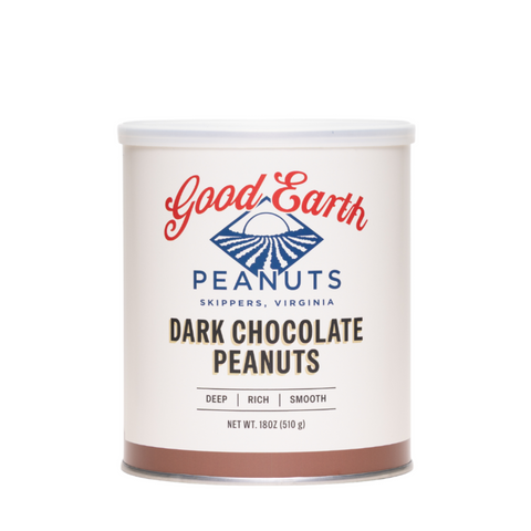 A white cylindrical canister of Good Earth Peanuts Dark Chocolate Peanuts, featuring a white lid and a label with red and blue branding, set against a plain white background.