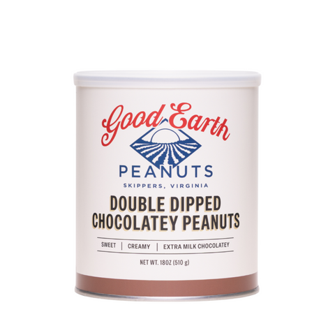 A white cylindrical canister of Good Earth Peanuts Double Dipped Chocolatey Peanuts, featuring a white lid and a label with red and blue branding, set against a plain white background.