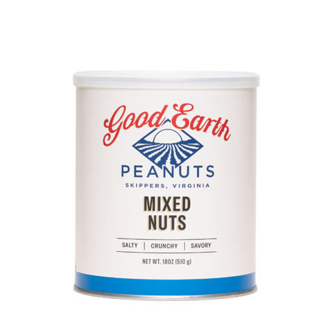 A white cylindrical metal canister of Good Earth Peanuts Mixed Nuts, featuring a white label with red and blue branding and text indicating it is from Skippers, Virginia.