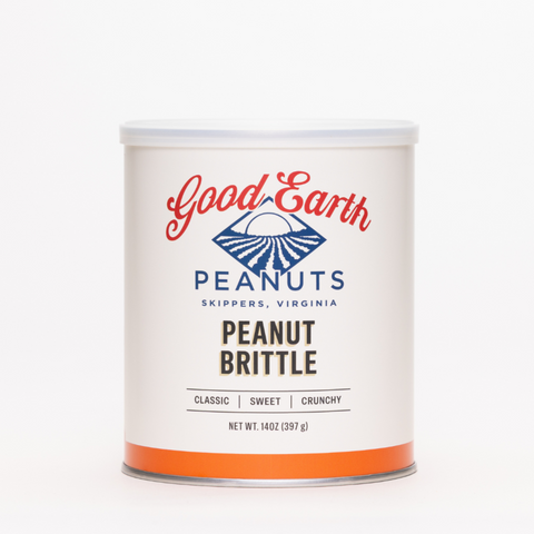A photograph of an 18oz. tin of Good Earth Peanuts Peanut Brittle set on a white background.