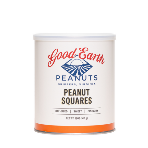 A 18 oz can of Good Earth Peanuts Peanut Squares, featuring a white label with red and blue branding and an orange accent band at the bottom, set against a plain white background.