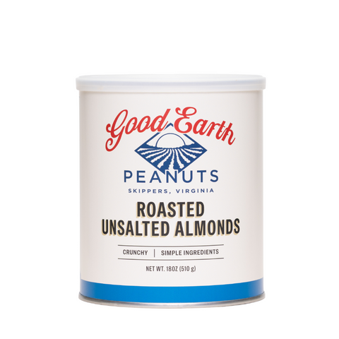 A white cylindrical canister of Good Earth Peanuts Roasted Unsalted Almonds, featuring a white label with red and blue branding and black text, set against a plain white background.