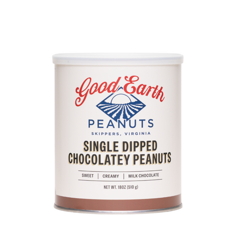 A white cylindrical canister of Good Earth Peanuts Single Dipped Chocolate Peanuts, featuring a clean white label with red and blue branding and a brown band at the bottom, set against a plain white background.