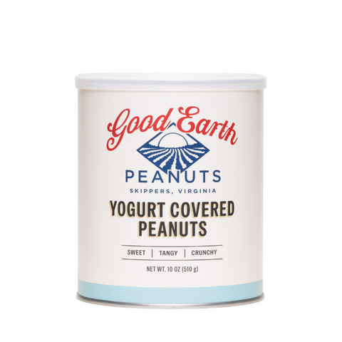 A photo of an 18oz. tin of yogurt covered peanuts on an internet white background.