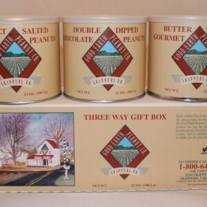 Three cans of Good Earth Peanuts with a decorative box featuring a scene from the store.