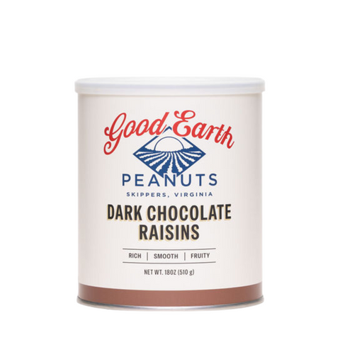 A canister of Good Earth Peanuts Dark Chocolate Raisins on a solid white background. The canister is off-white with a white lid, featuring the brand's red and blue logo and the product name in black and brown text.