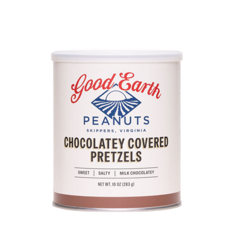 A 10 oz canister of Good Earth Peanuts Chocolatey Covered Pretzels, featuring a white label with red and blue branding, set against a plain white background.