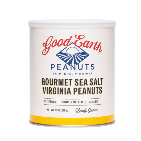 A white tin of 18oz. Good Earth Peanuts labelled Gourmet Sea Salt Virginia Peanuts