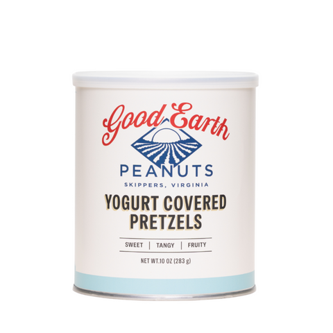 A canister of Good Earth Yogurt Covered Pretzels, featuring a white label with red and blue branding and a light blue band at the bottom, set against a plain white background.