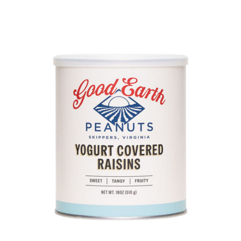 A white canister of Good Earth Peanuts Yogurt Covered Raisins, featuring a white lid and a label with red, blue, and black text, set against a plain white background.